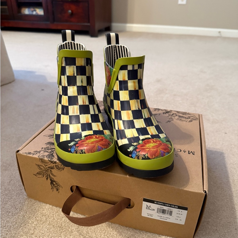 MacKenzie-Childs Kids Checkered Rain Boots - Black, Yellow, and Green